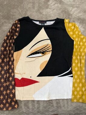 Custo Barcelona Graphic Face Print Long Sleeve Top - Black, Brown & Yellow